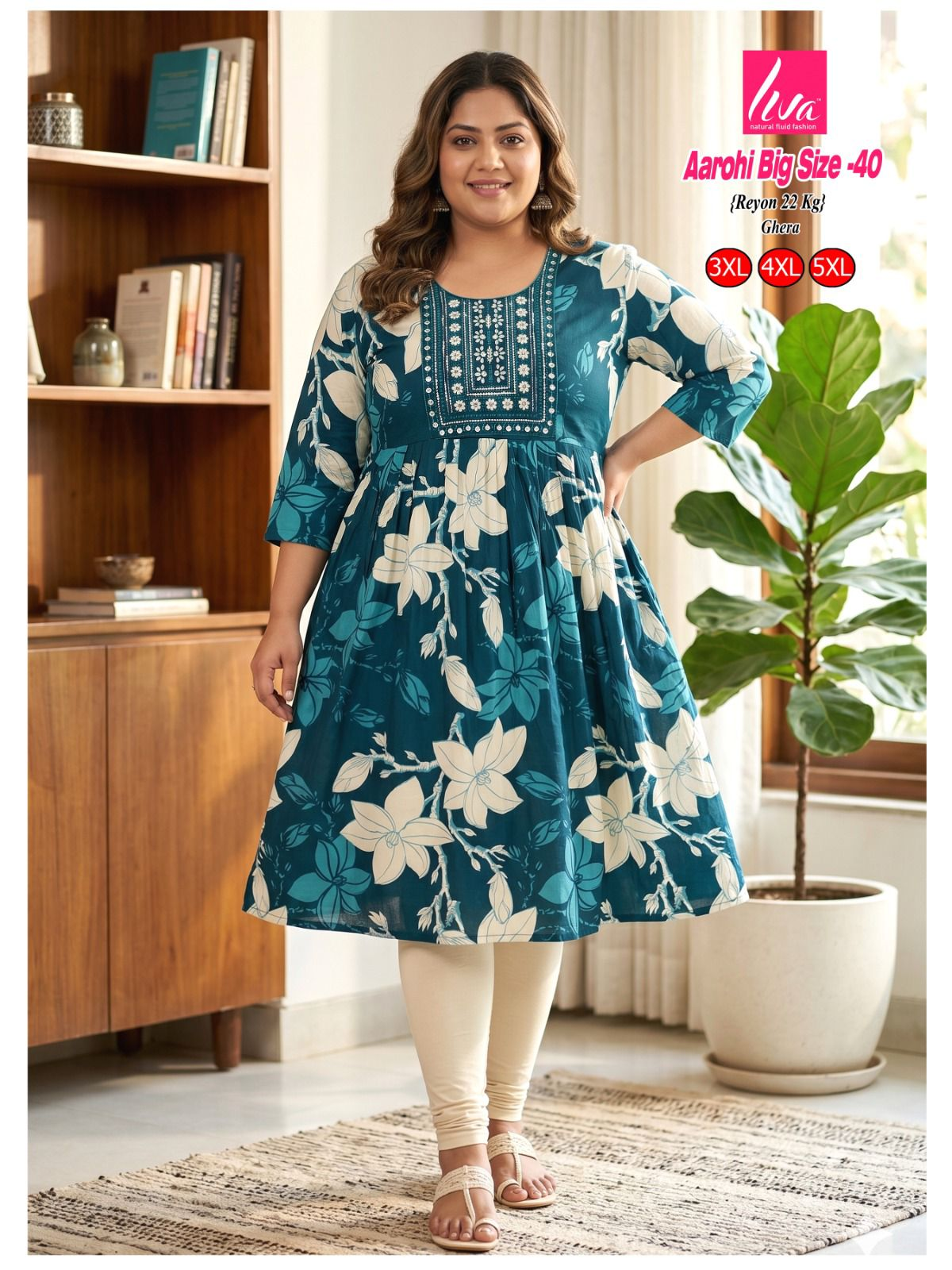 Liva Ghera Big Size Kurti - Teal met Witte Magnolia Print | Plus Size
