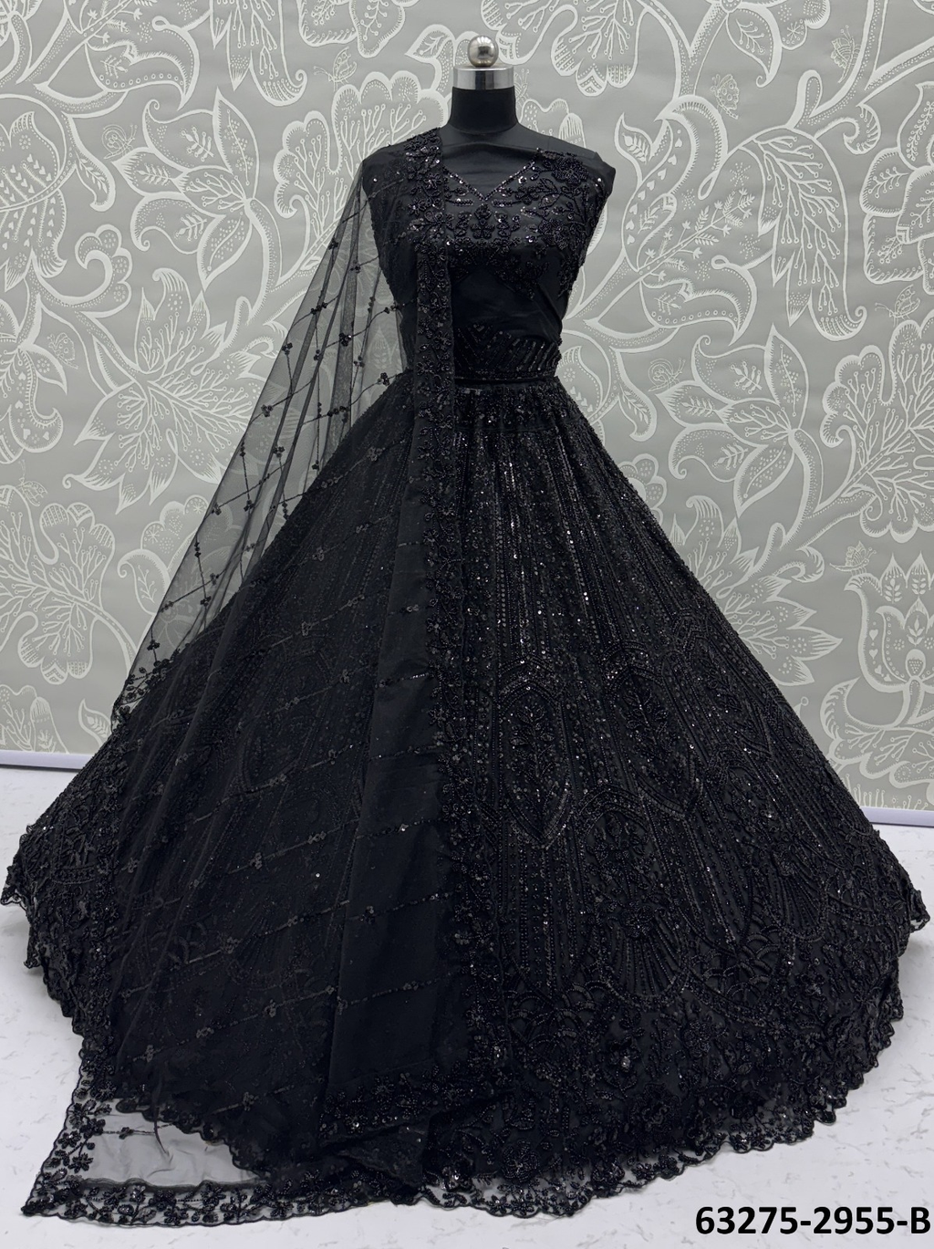 Black Satin Sequins Lehenga Set