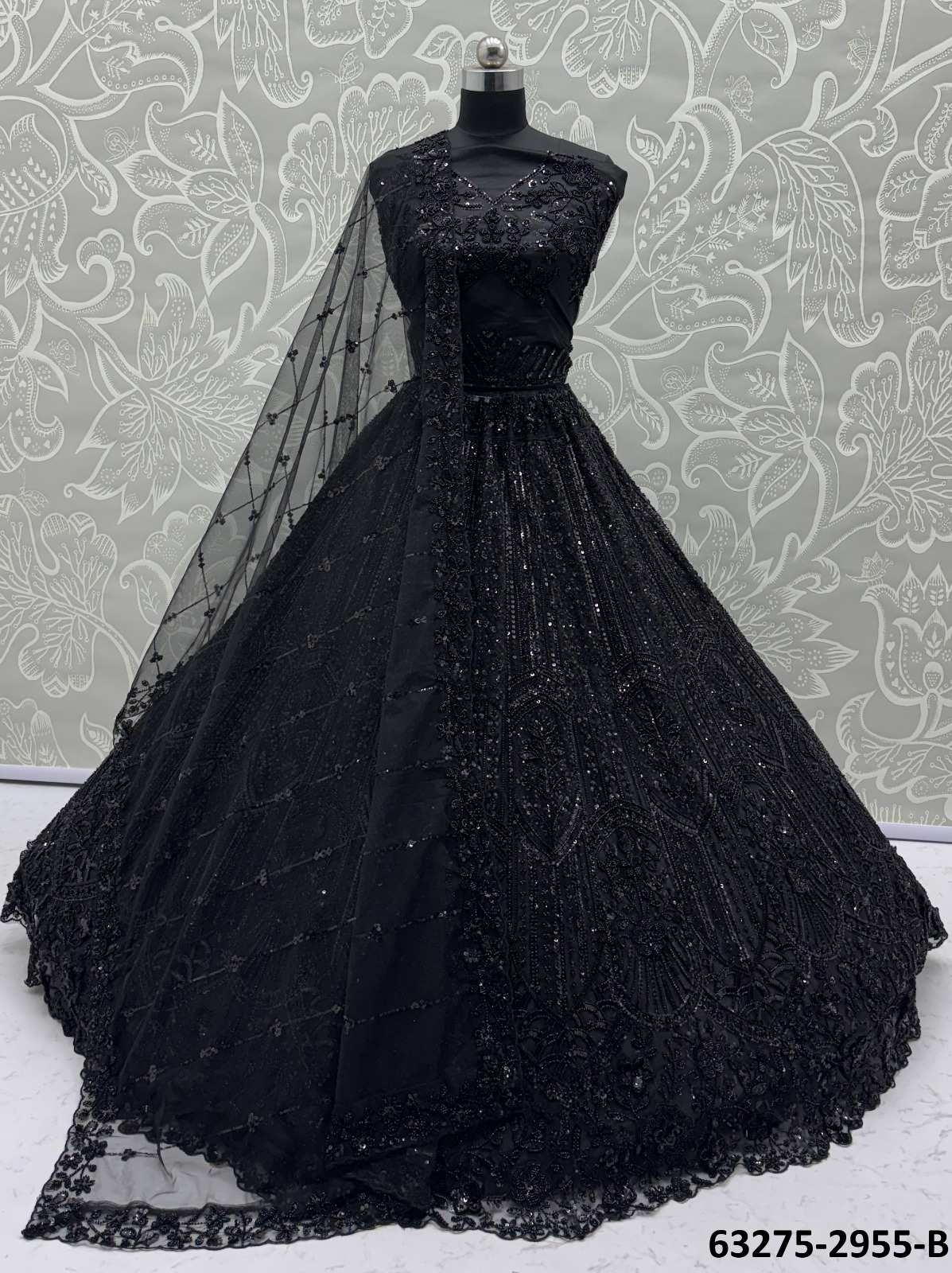 Black Satin Sequins Lehenga Set