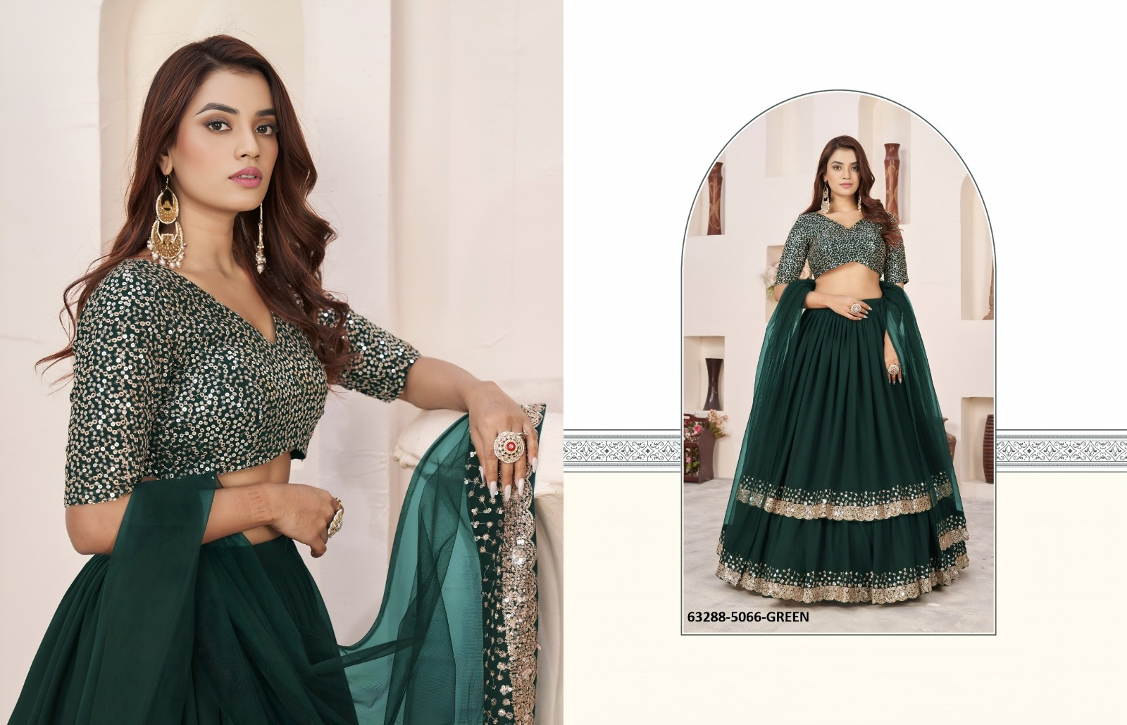 Dark Green Georgette Sequins Lehenga Set