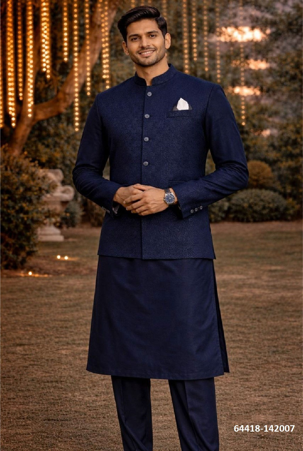 Heren Kurta Pajama met Jacket - Marineblauw Prince Jacket (142007)