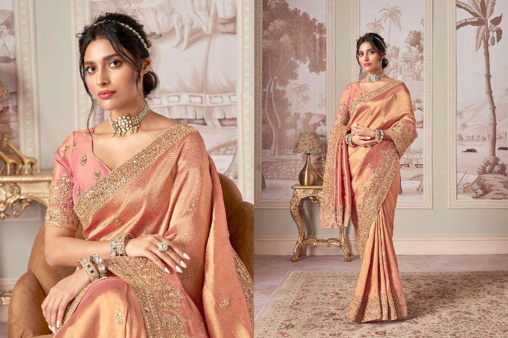 Sanjana Bridal - Roze Goud Zijde Bridal Saree