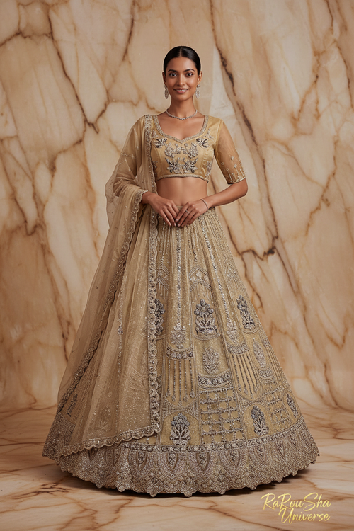 Champagne Gold Lehenga Choli marmeren achtergrond