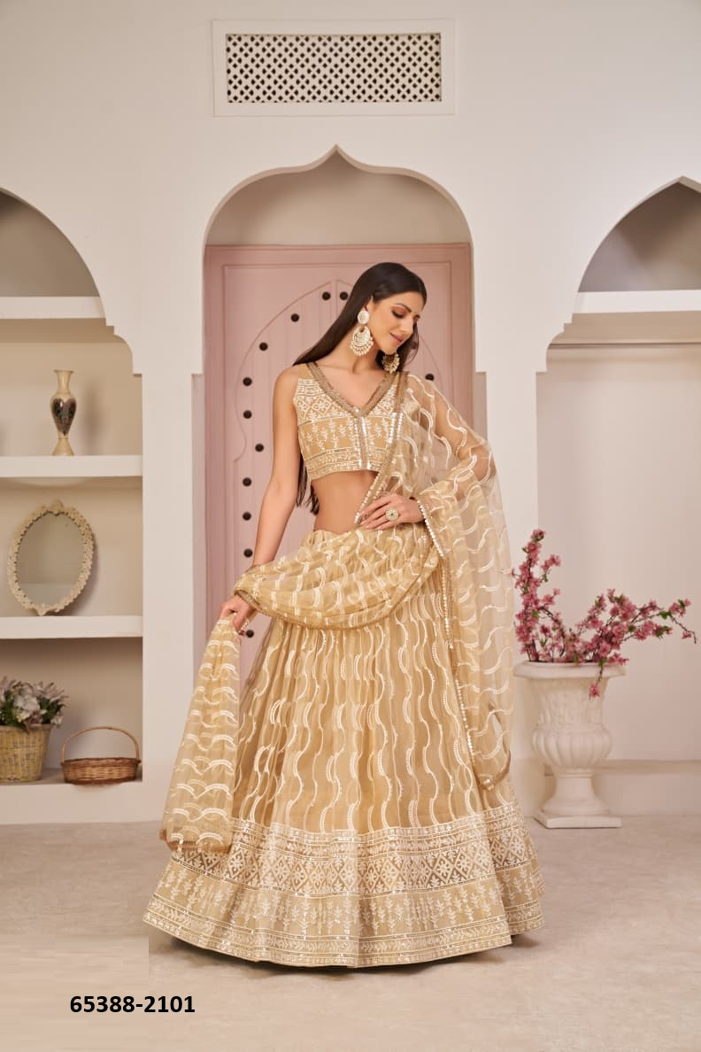 Champagne Gold Net Embroidery Lehenga – 65388-2101