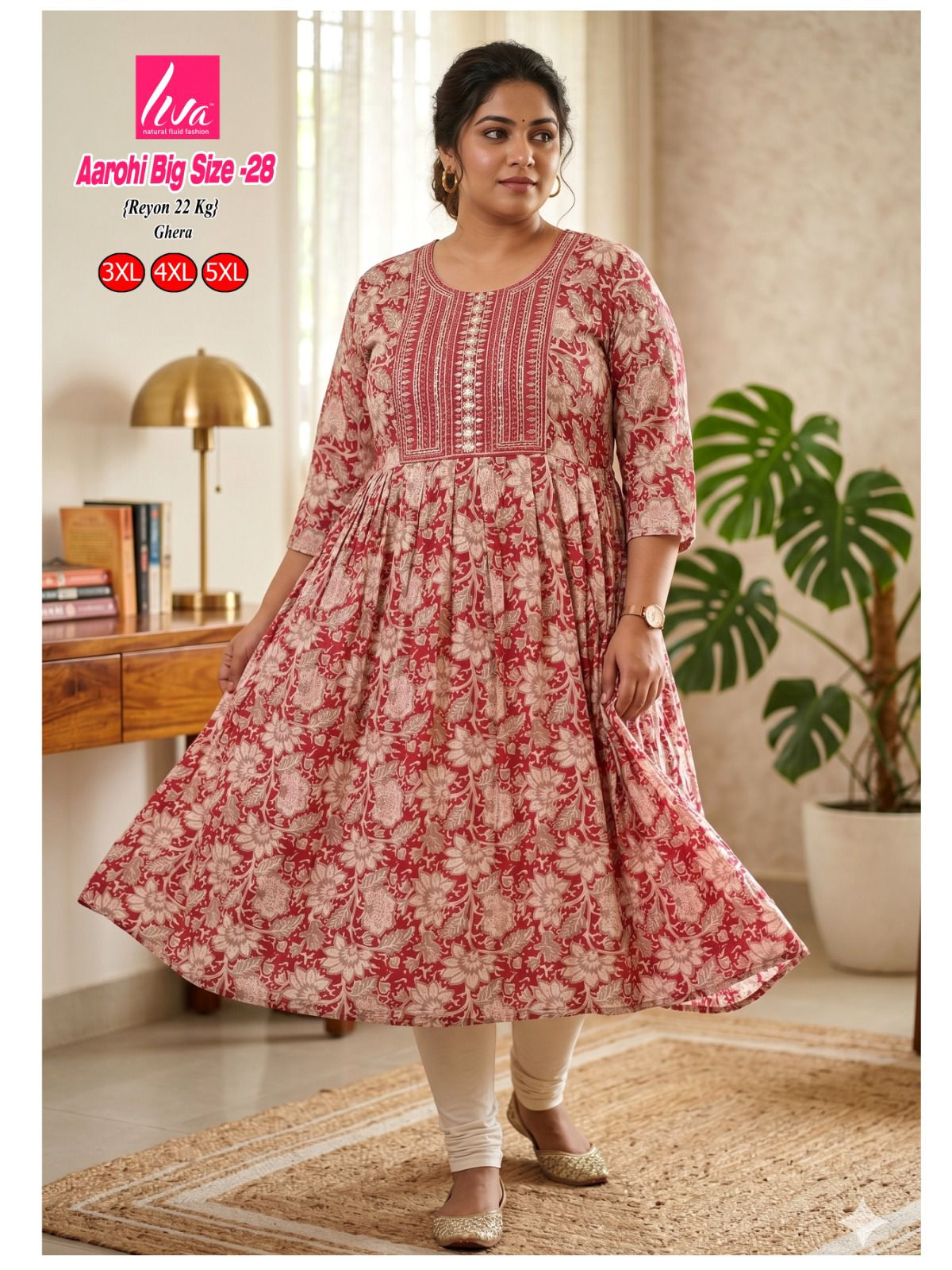 Liva Ghera Big Size Kurti - Roze met Rode Bloemenprint | Plus Size