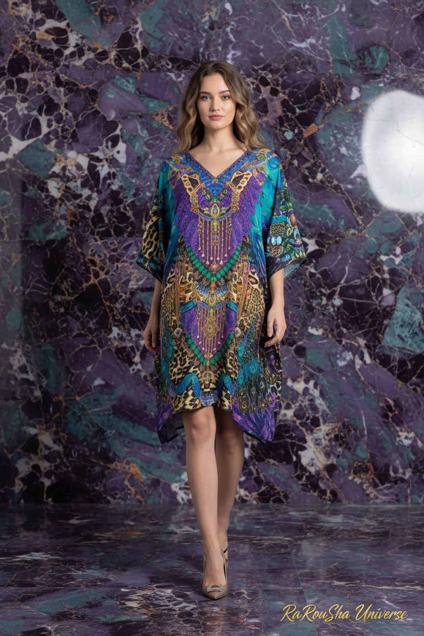 Purple Teal Silk Poncho Kaftan editorial
