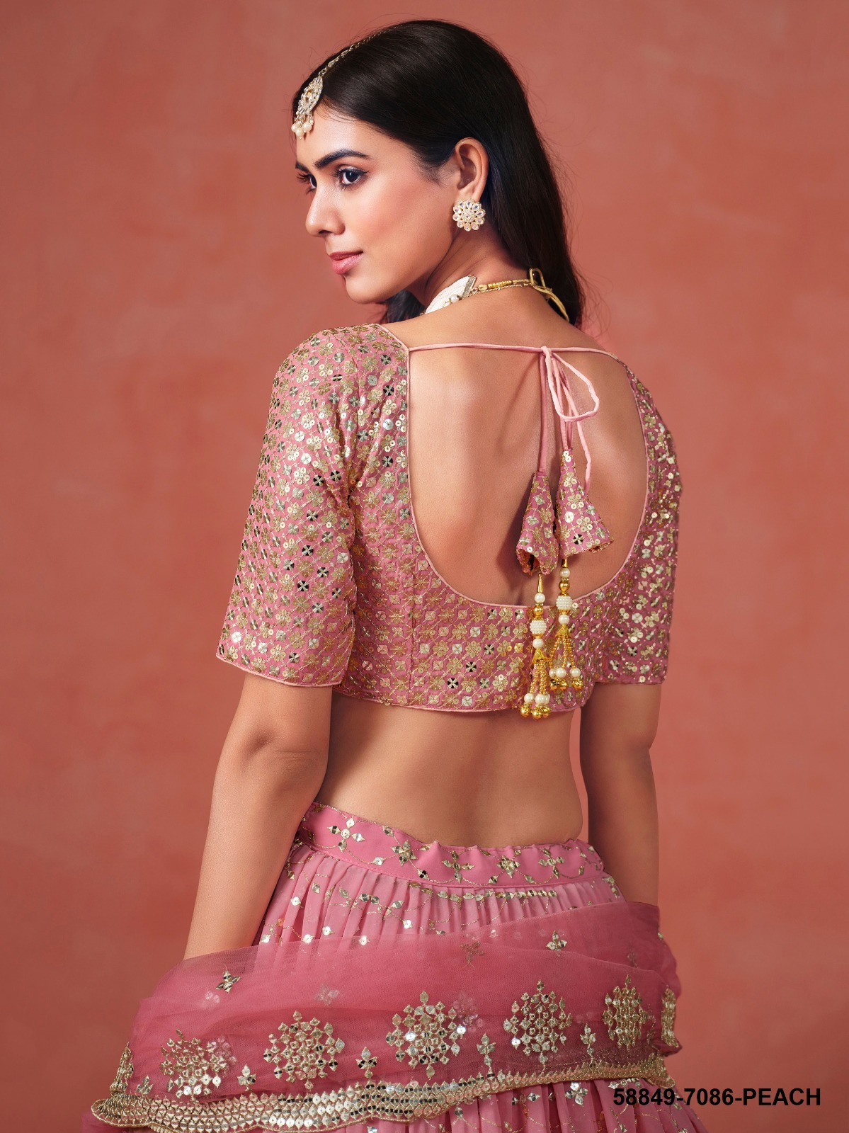 Peach Georgette Sequins Lehenga – 58849-7086-Peach
