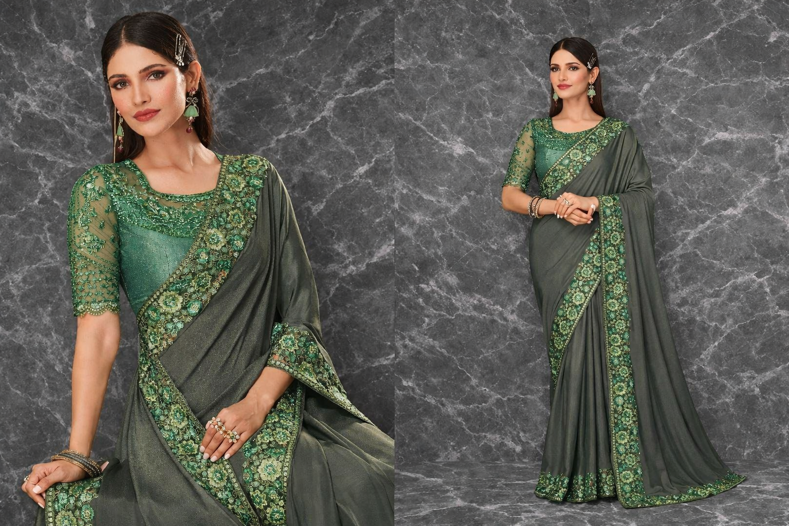 Dames Saree — Olijfgroen & Groen