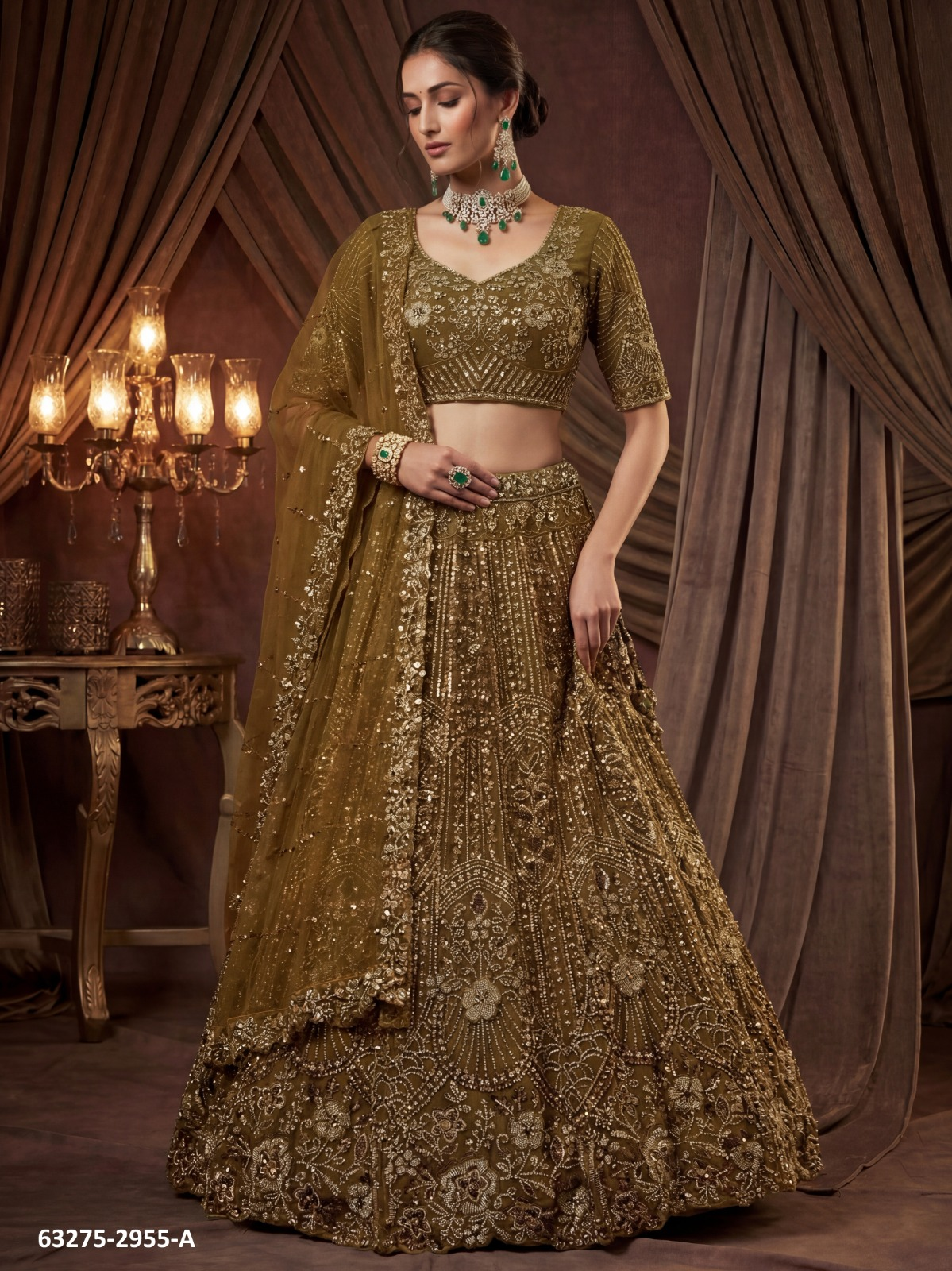 Gold Olive Satin Beadwork Lehenga Set