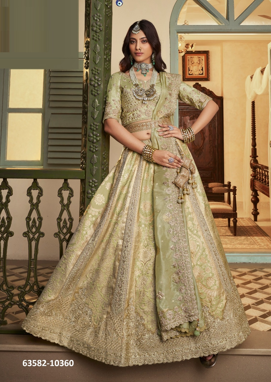 Pistachio Green Banarasi Silk Bridal Lehenga – 63582-10360