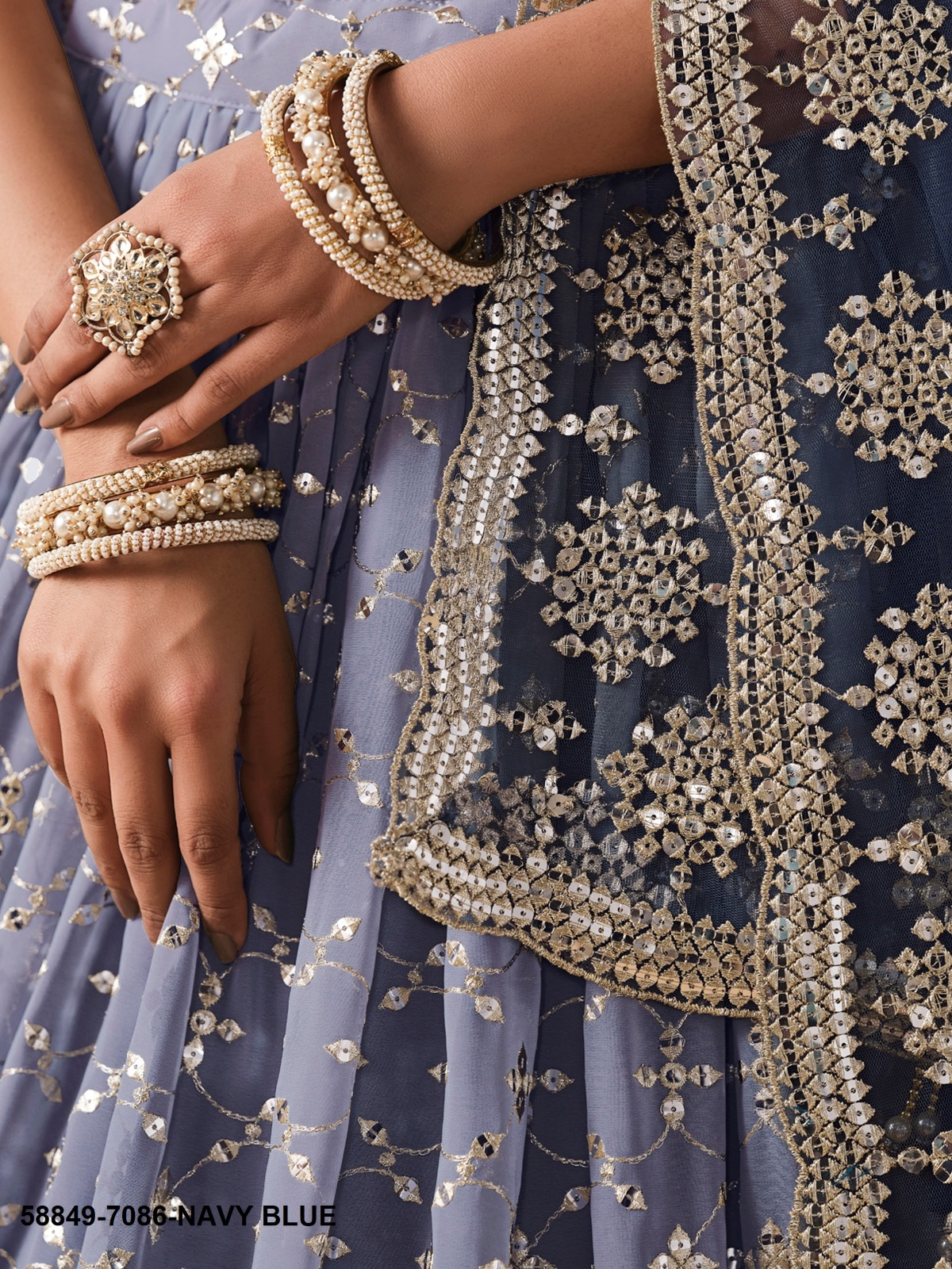 Navy Blue Georgette Sequins Lehenga – 58849-7086-Navy Blue