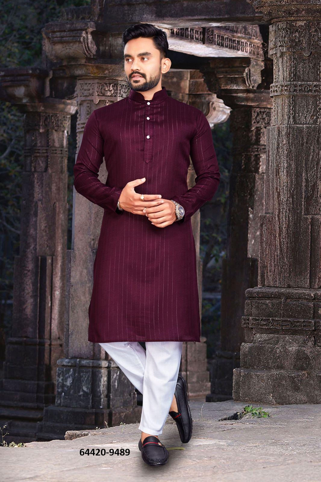 Heren Kurta Pajama - Bordeauxrood Pure Slub Cotton (9489)