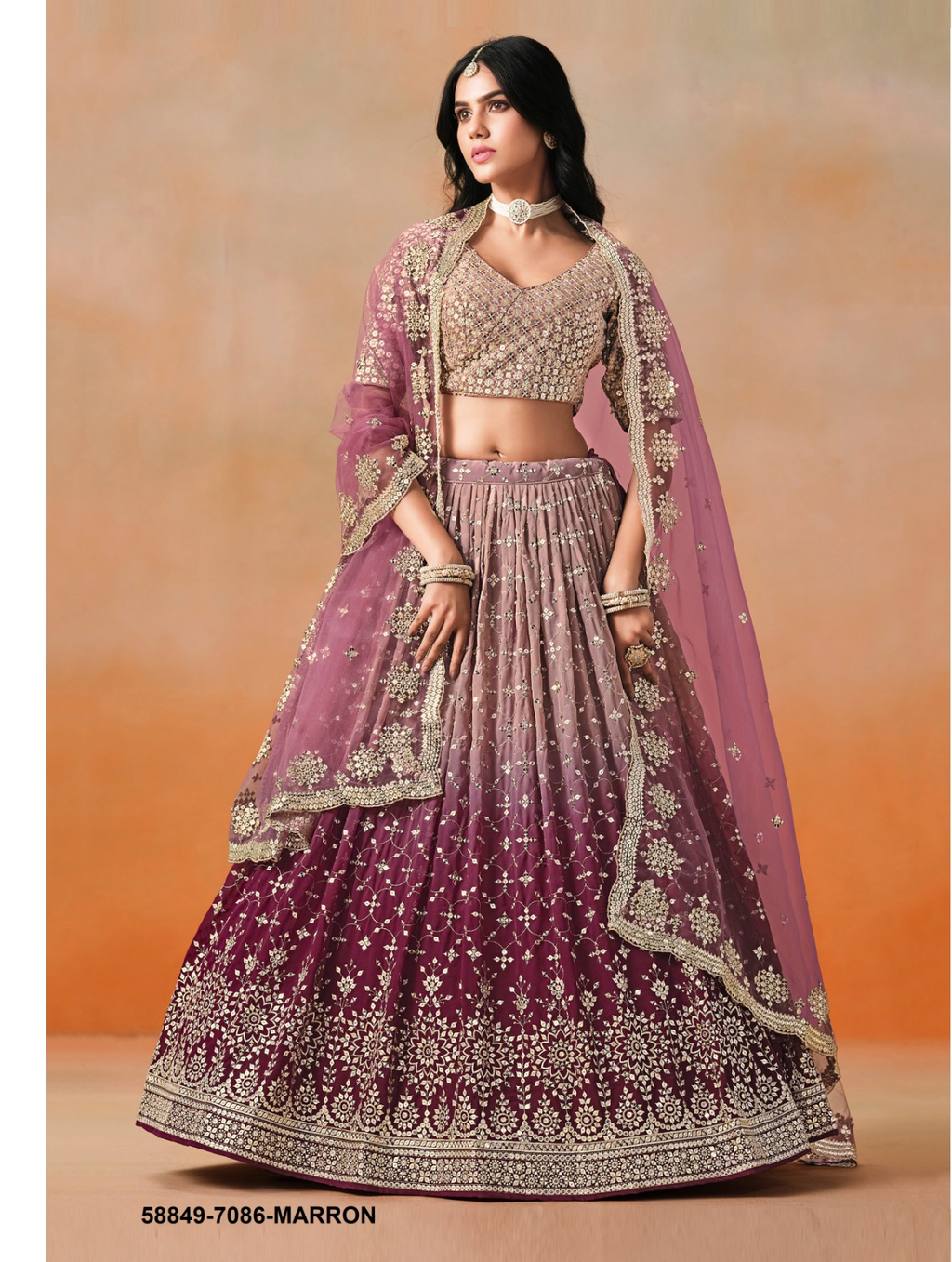Marron Ombré Georgette Sequins Lehenga – 58849-7086-Marron
