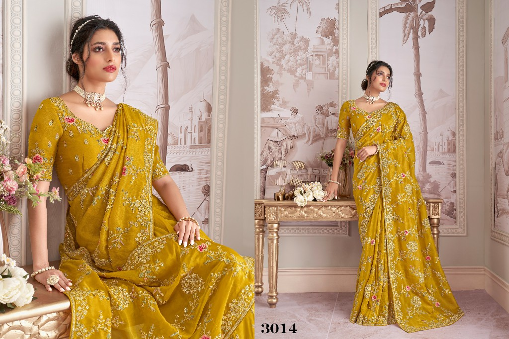 Sanjana Bridal - Okergeel Bloemen Bridal Saree