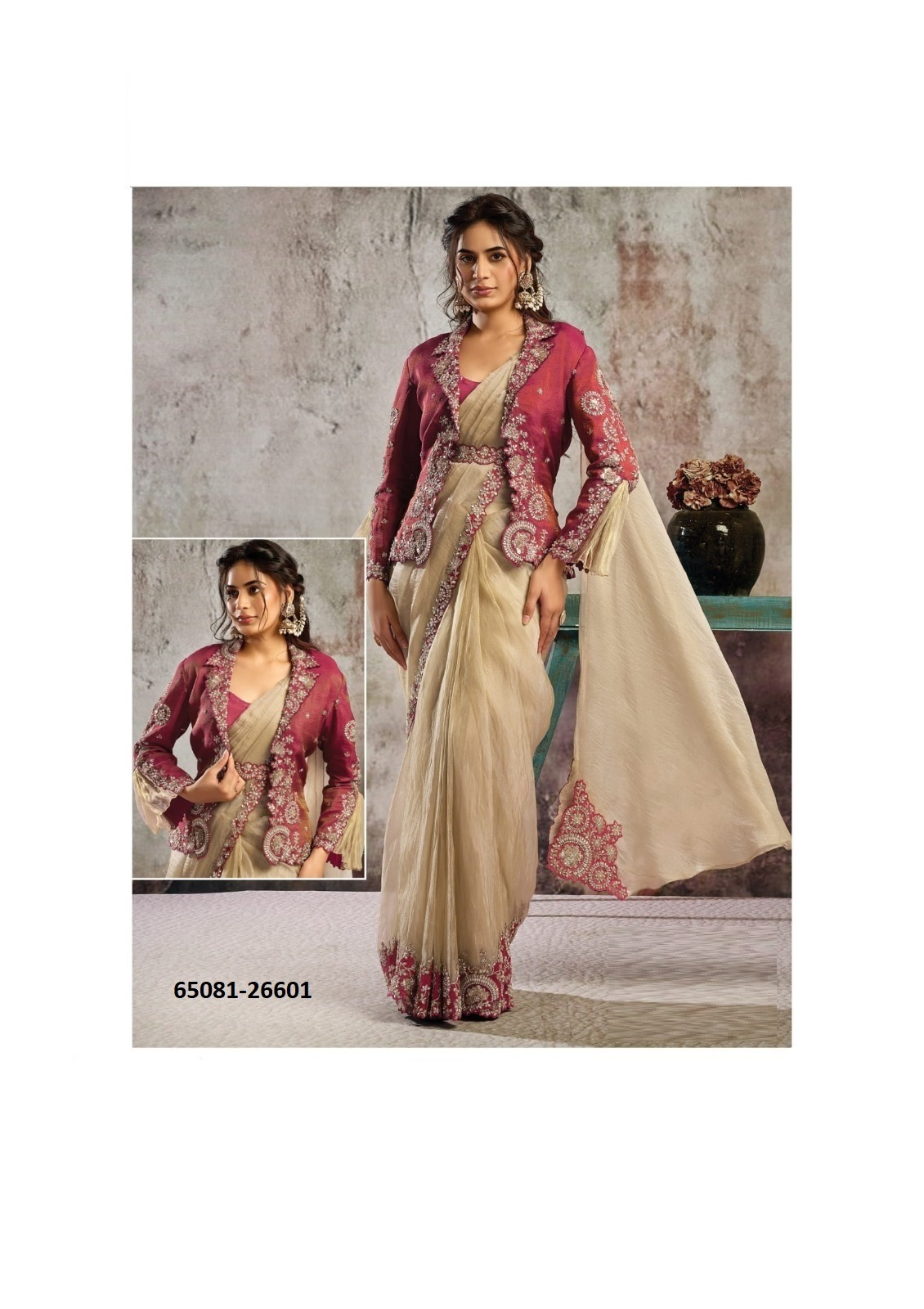 SELENE Ready-to-Wear Saree – Champagne/Bordeaux