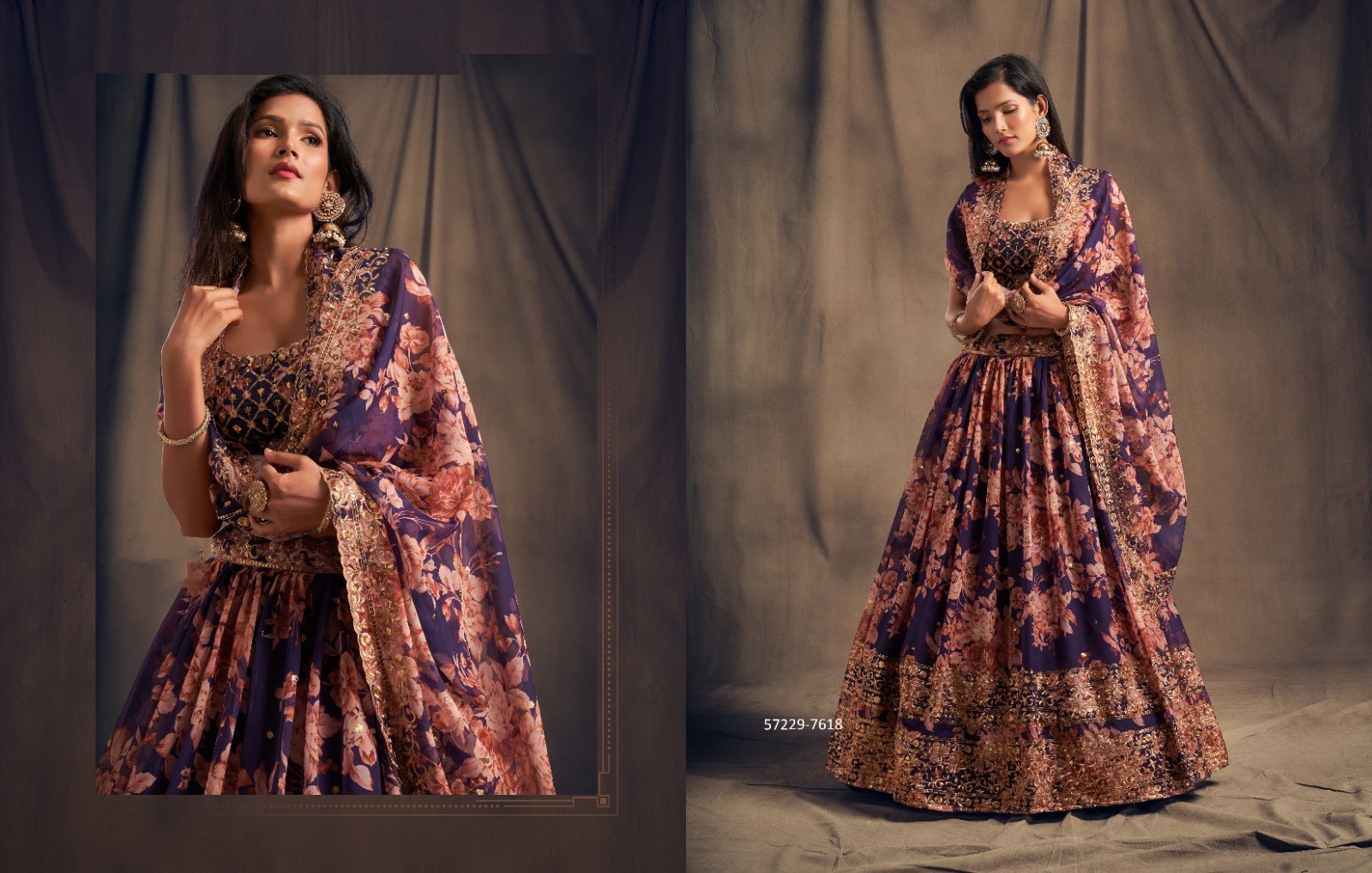 Deep Purple Floral Organza Lehenga – 57229-7618