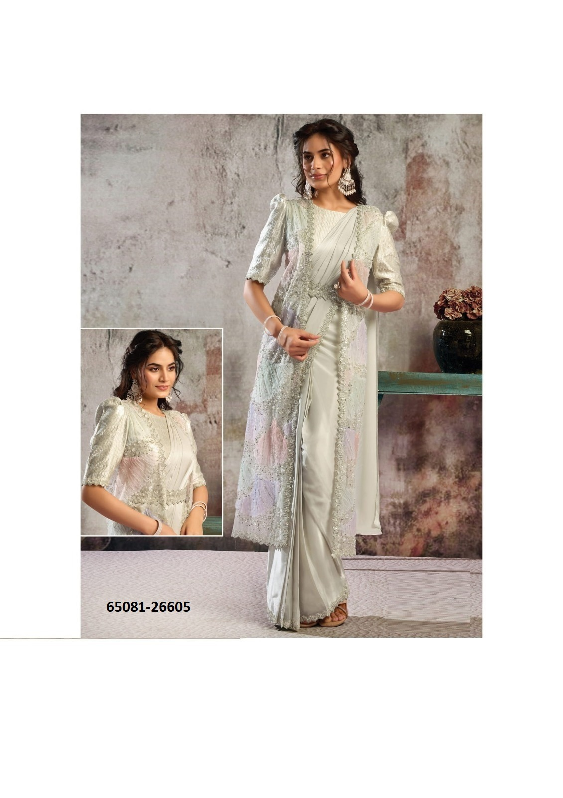 SELENE Ready-to-Wear Saree – Lichtgrijs/Zilver