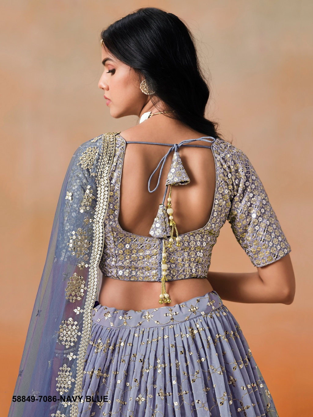 Navy Blue Georgette Sequins Lehenga – 58849-7086-Navy Blue