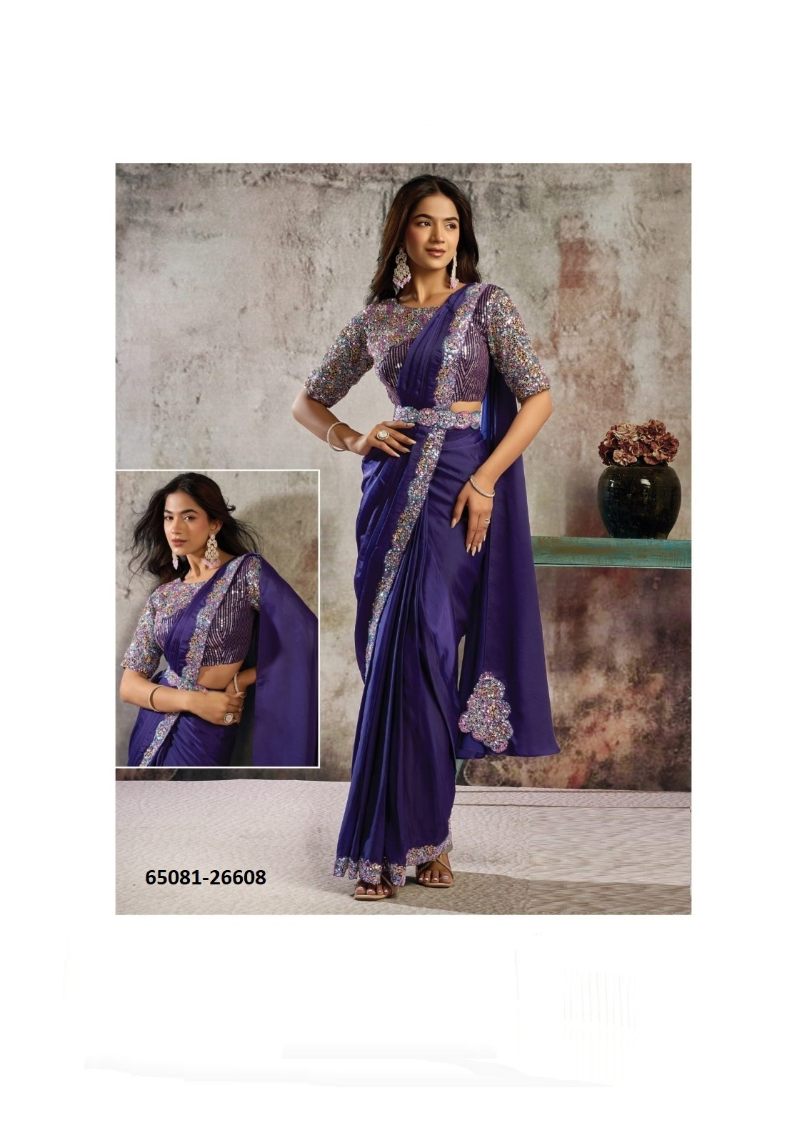 SELENE Ready-to-Wear Saree – Koningsblauw/Paars