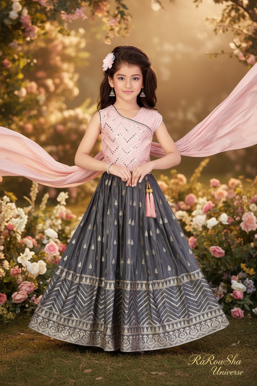 Little Lady Roze Antraciet Lehenga - tuin frontale pose