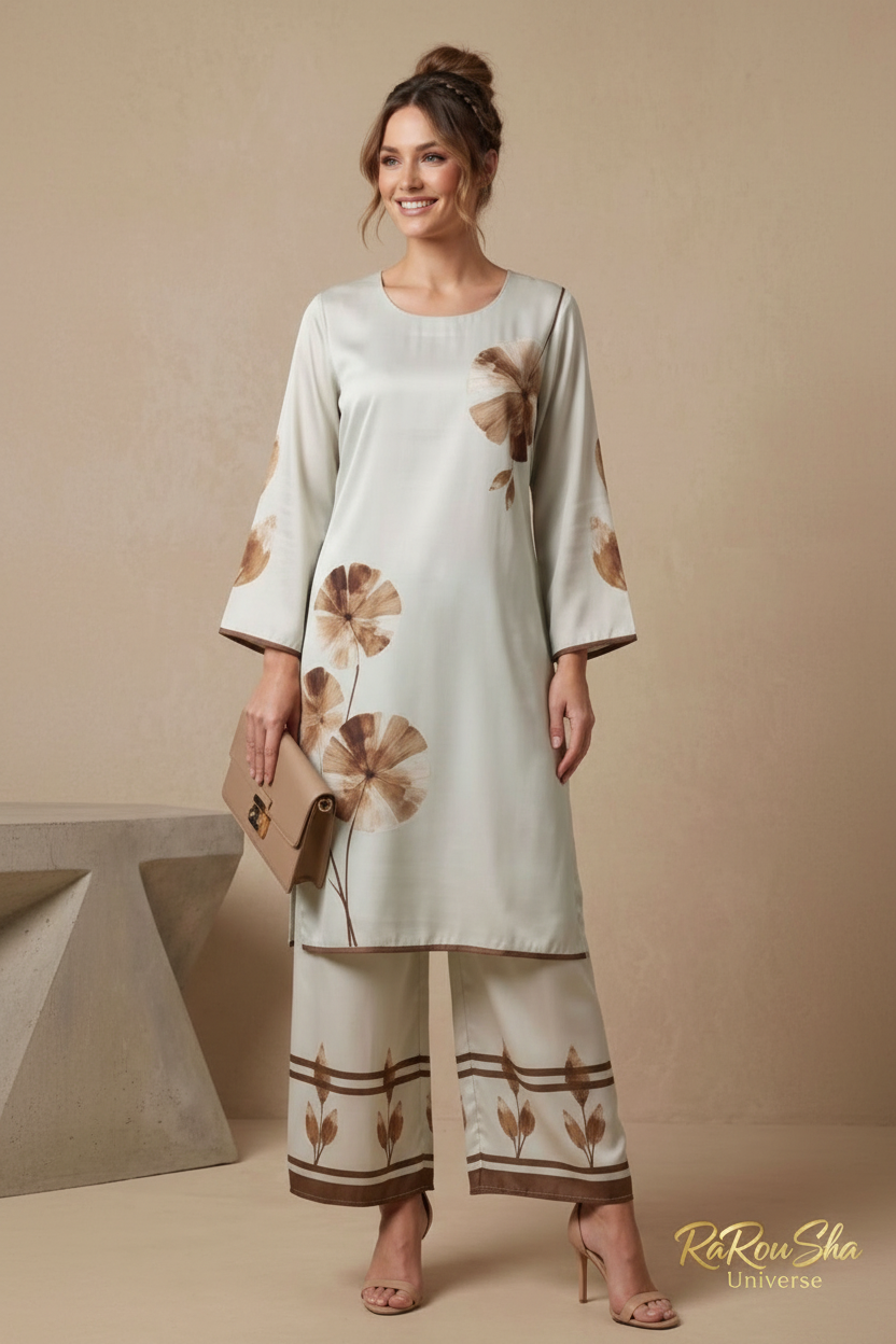 Co-ord Set Lichtgrijs Goudbruin – Voorkant