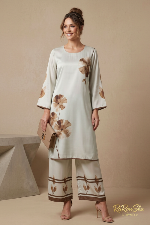 Co-ord Set Lichtgrijs Goudbruin – Voorkant