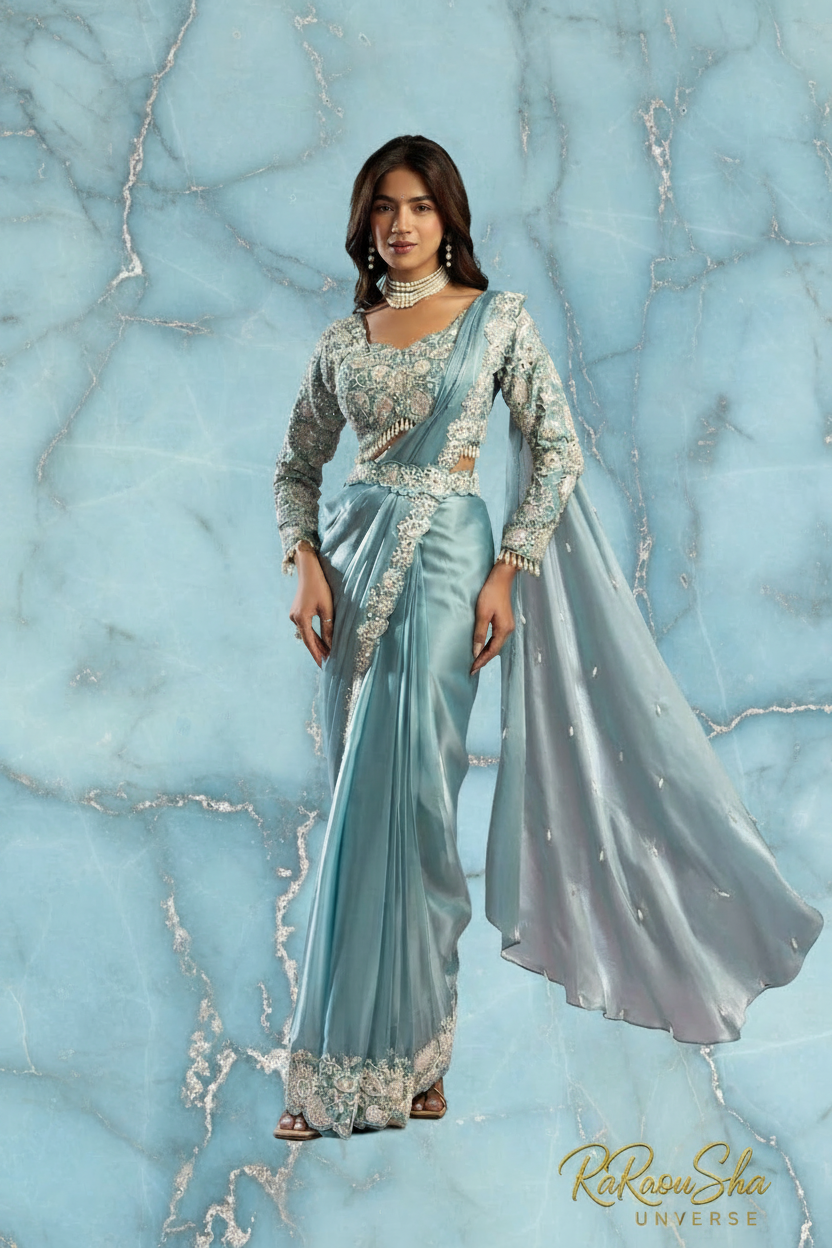 Selene Ice Blue Saree - Marmeren achtergrond - RaRouSha Universe