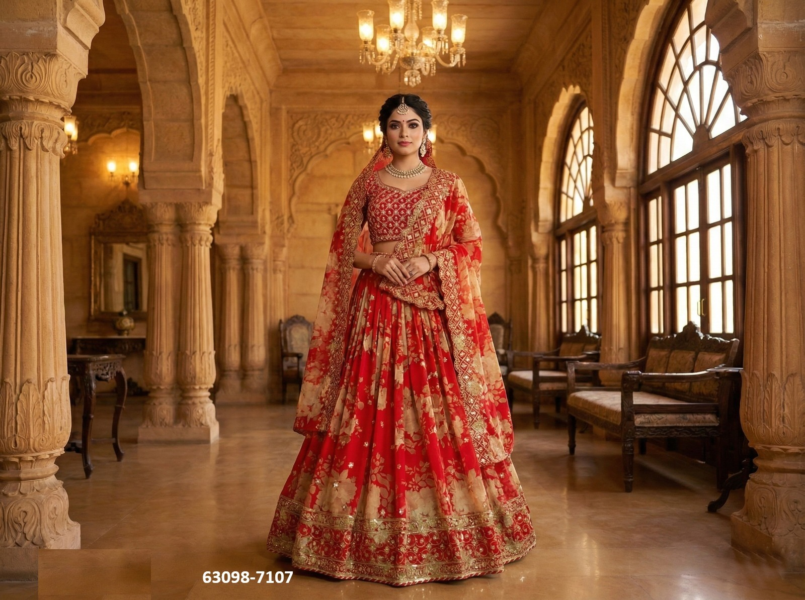 Red Floral Georgette Lehenga Set