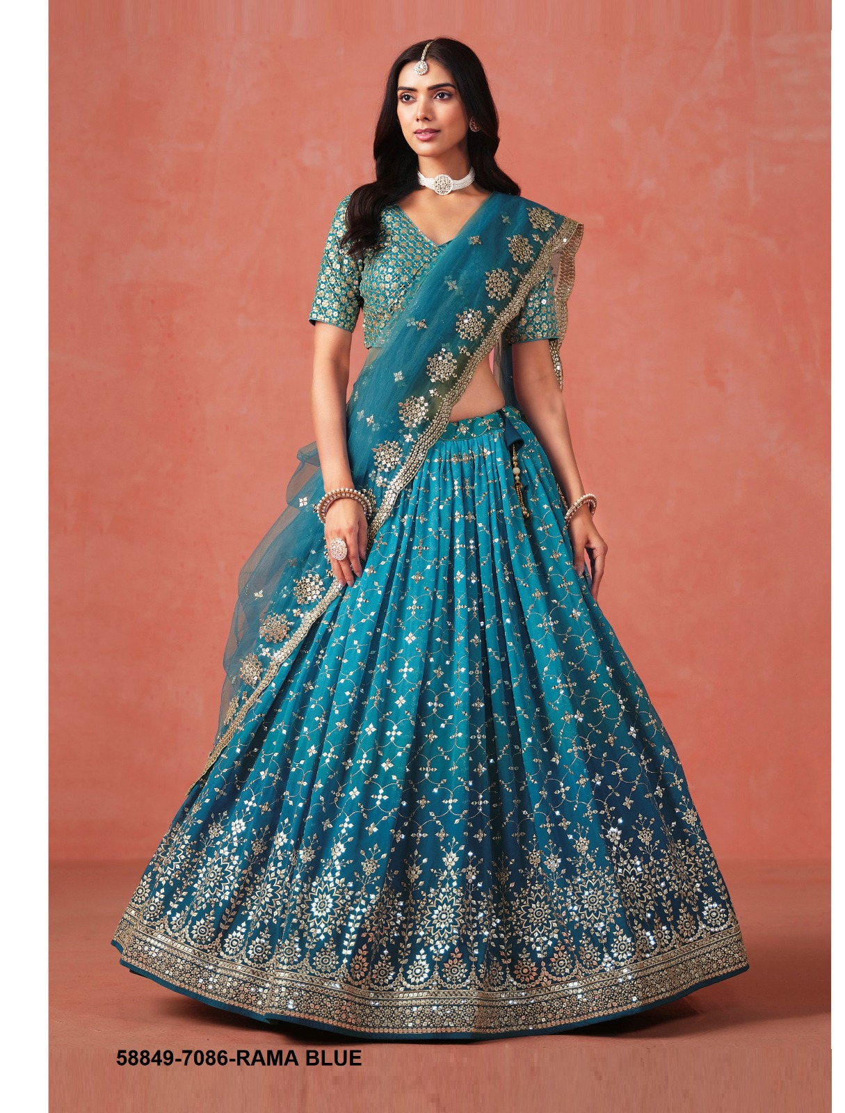 Rama Blue Georgette Sequins Lehenga – 58849-7086-Rama Blue