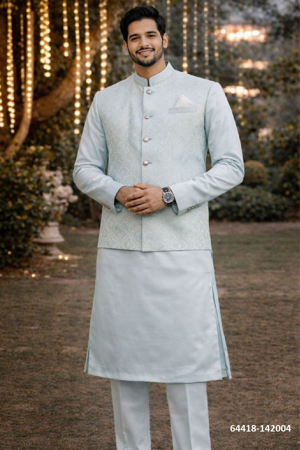 Heren Kurta Pajama met Jacket - IJsblauw Prince Jacket (142004)