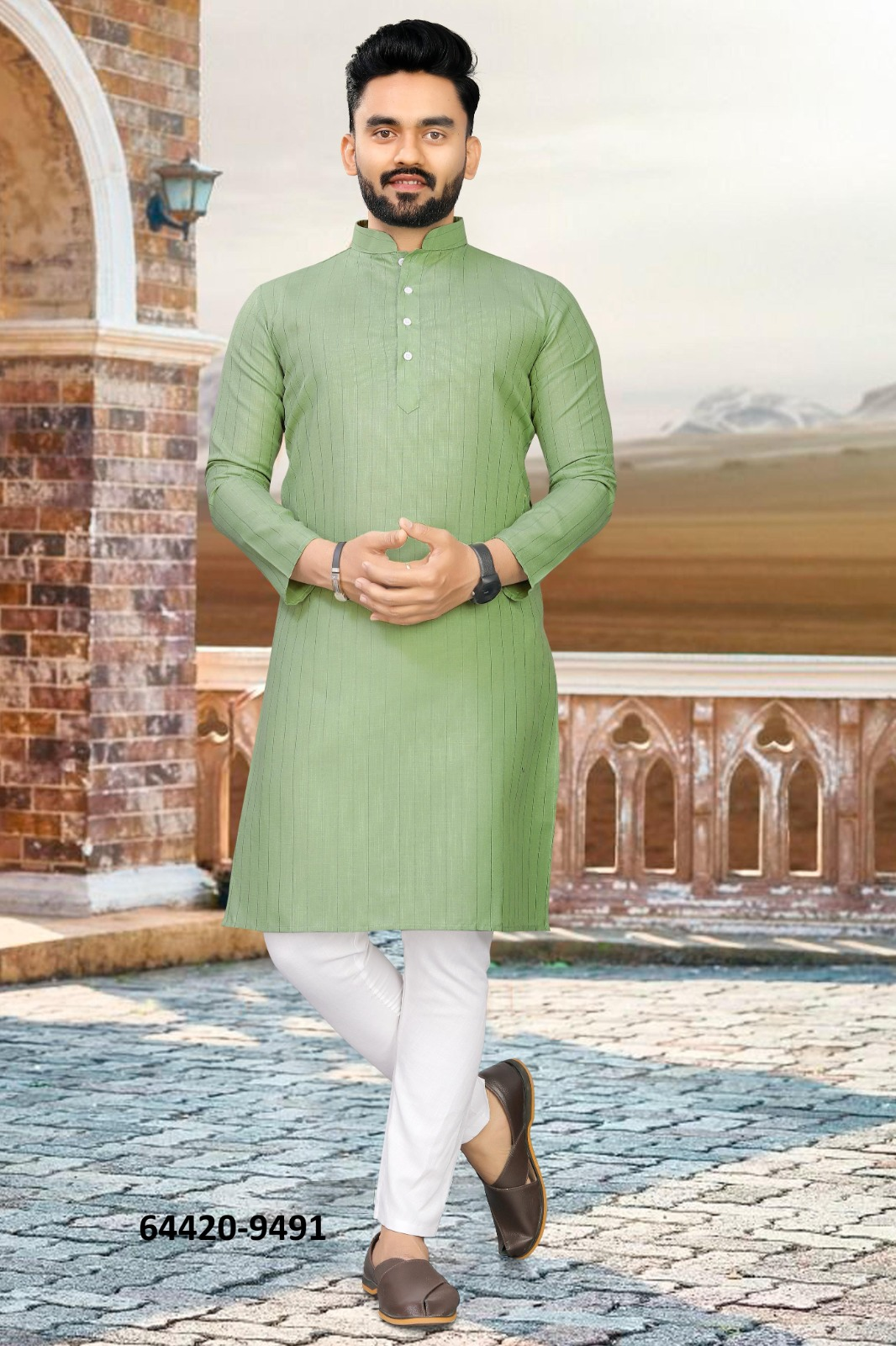 Heren Kurta Pajama - Saliegroen Pure Slub Cotton (9491)