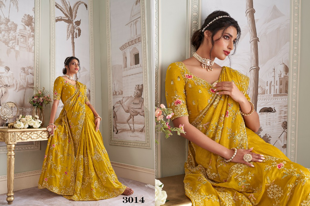 Sanjana Bridal - Okergeel Bloemen Bridal Saree