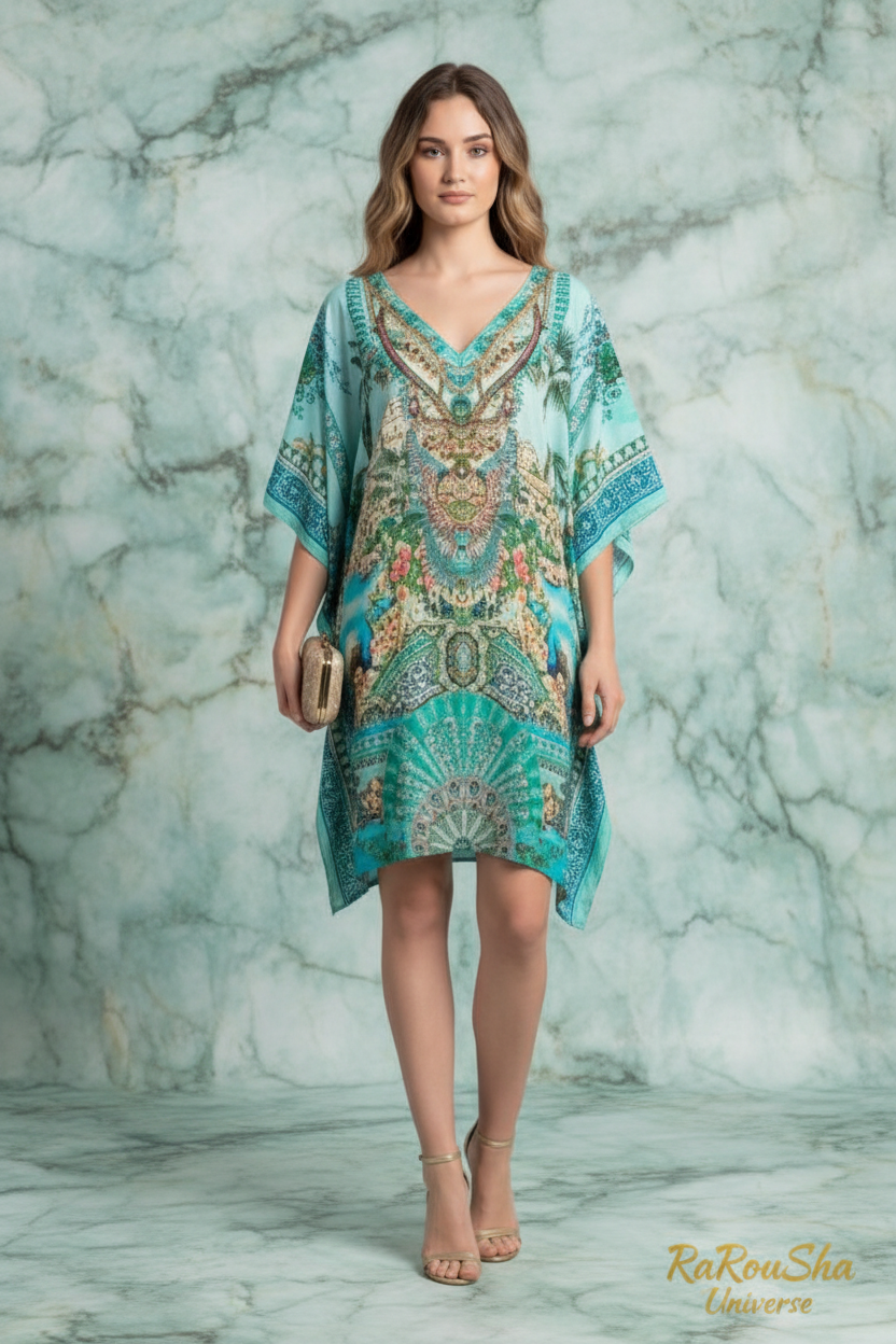Turquoise Silk Poncho Kaftan editorial