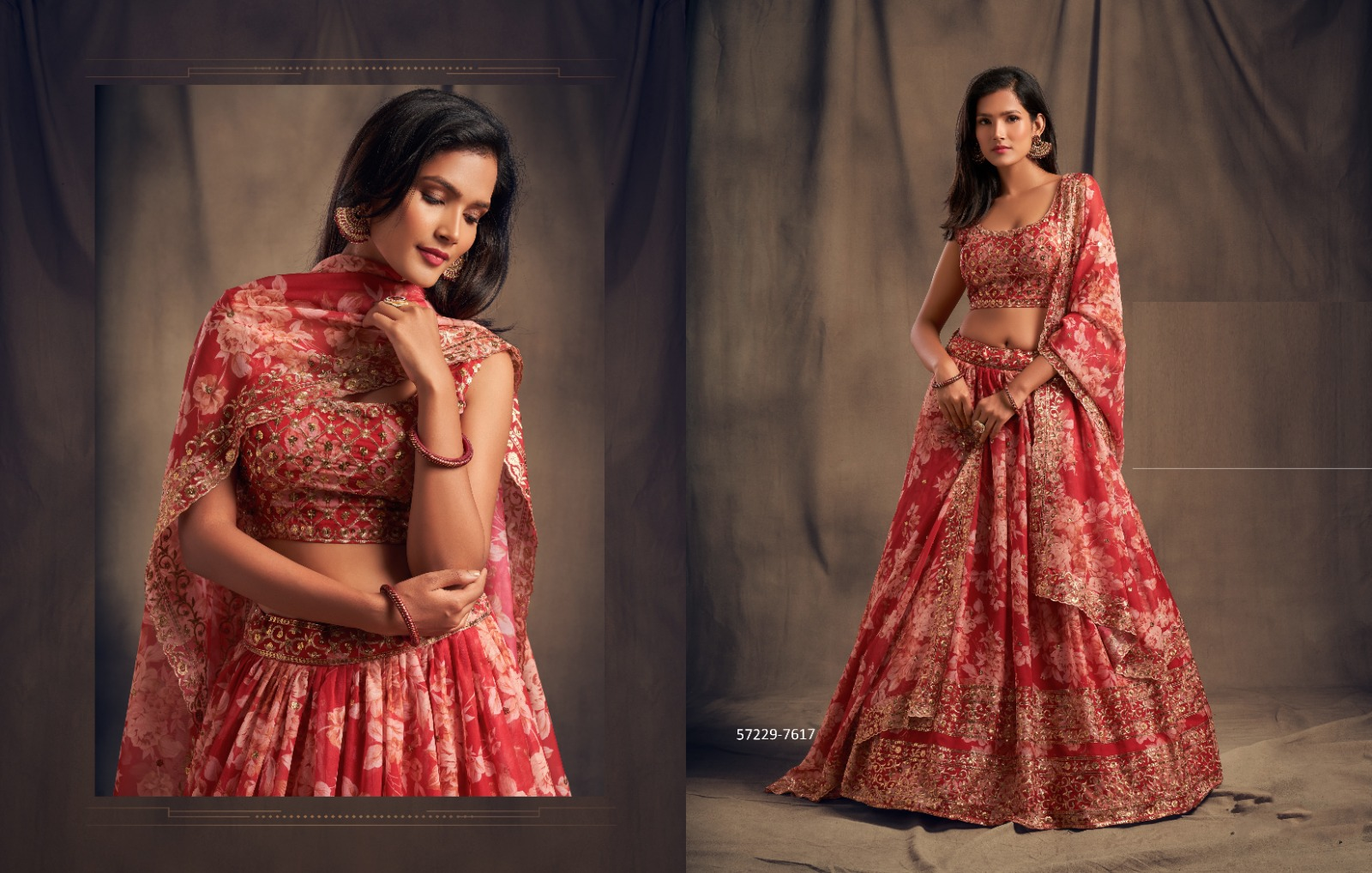 Red Floral Organza Lehenga – 57229-7617