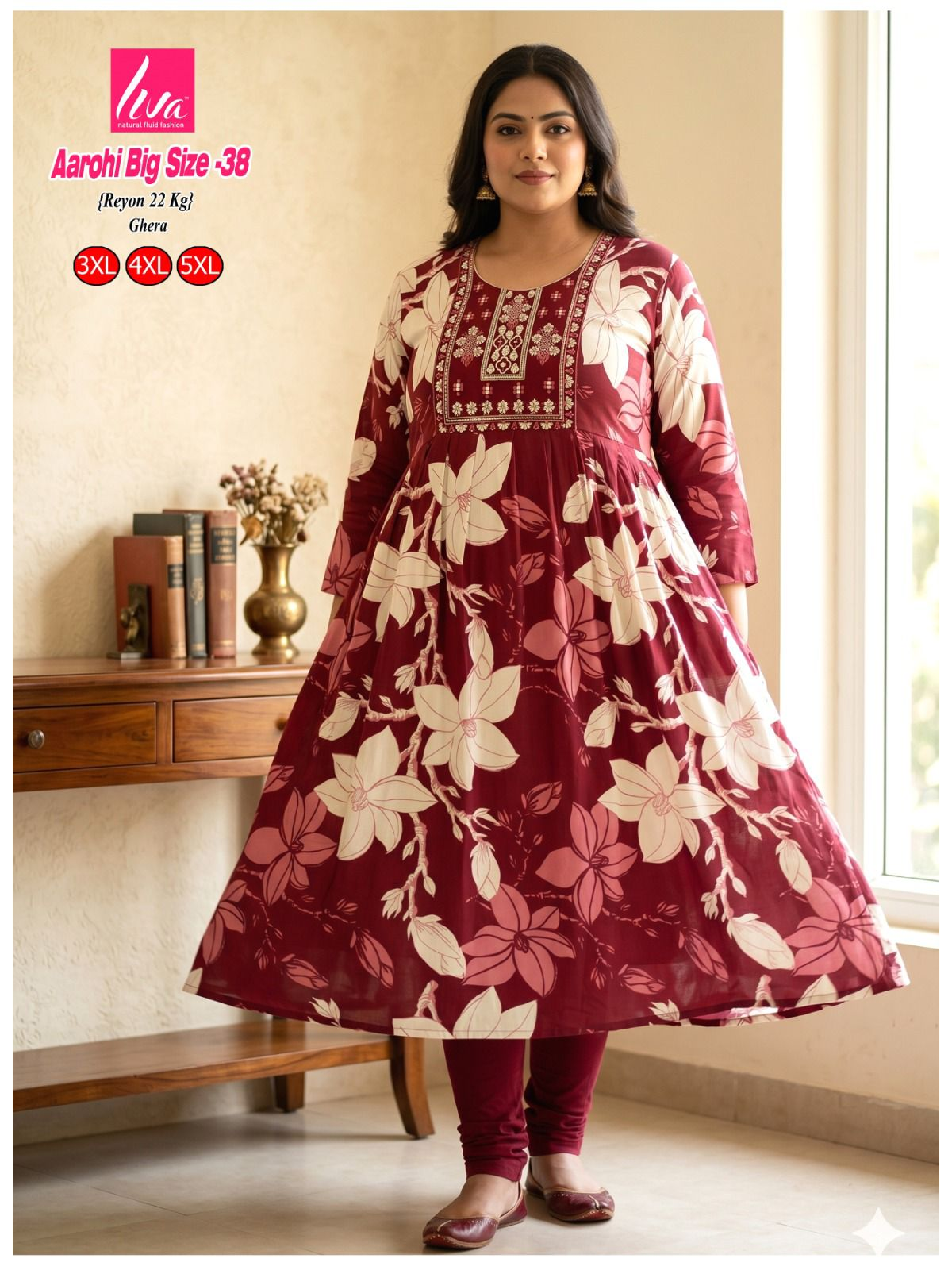 Liva Ghera Big Size Kurti - Bordeauxrood Bloemenprint | Plus Size