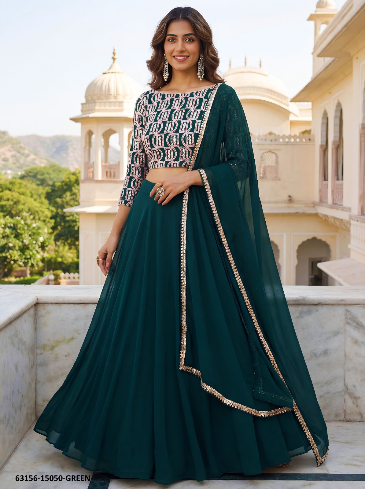 Emerald Green Georgette Embroidery Lehenga Set