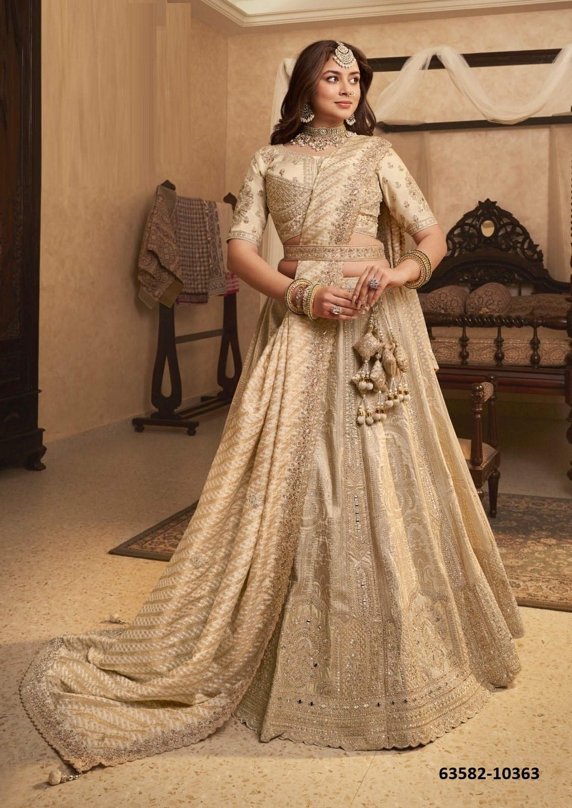 Ivory Champagne Banarasi Silk Bridal Lehenga – 63582-10363