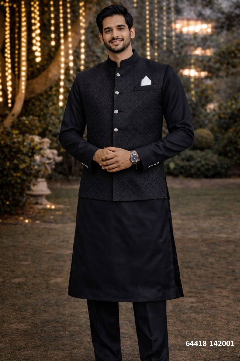 Heren Kurta Pajama met Jacket - Zwart Prince Jacket (142001)