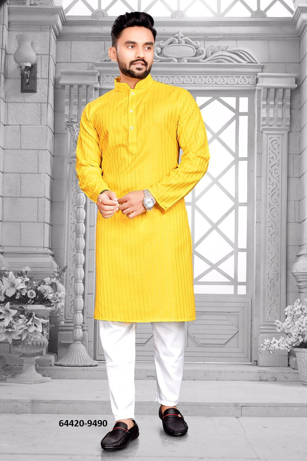 Heren Kurta Pajama - Geel Pure Slub Cotton (9490)