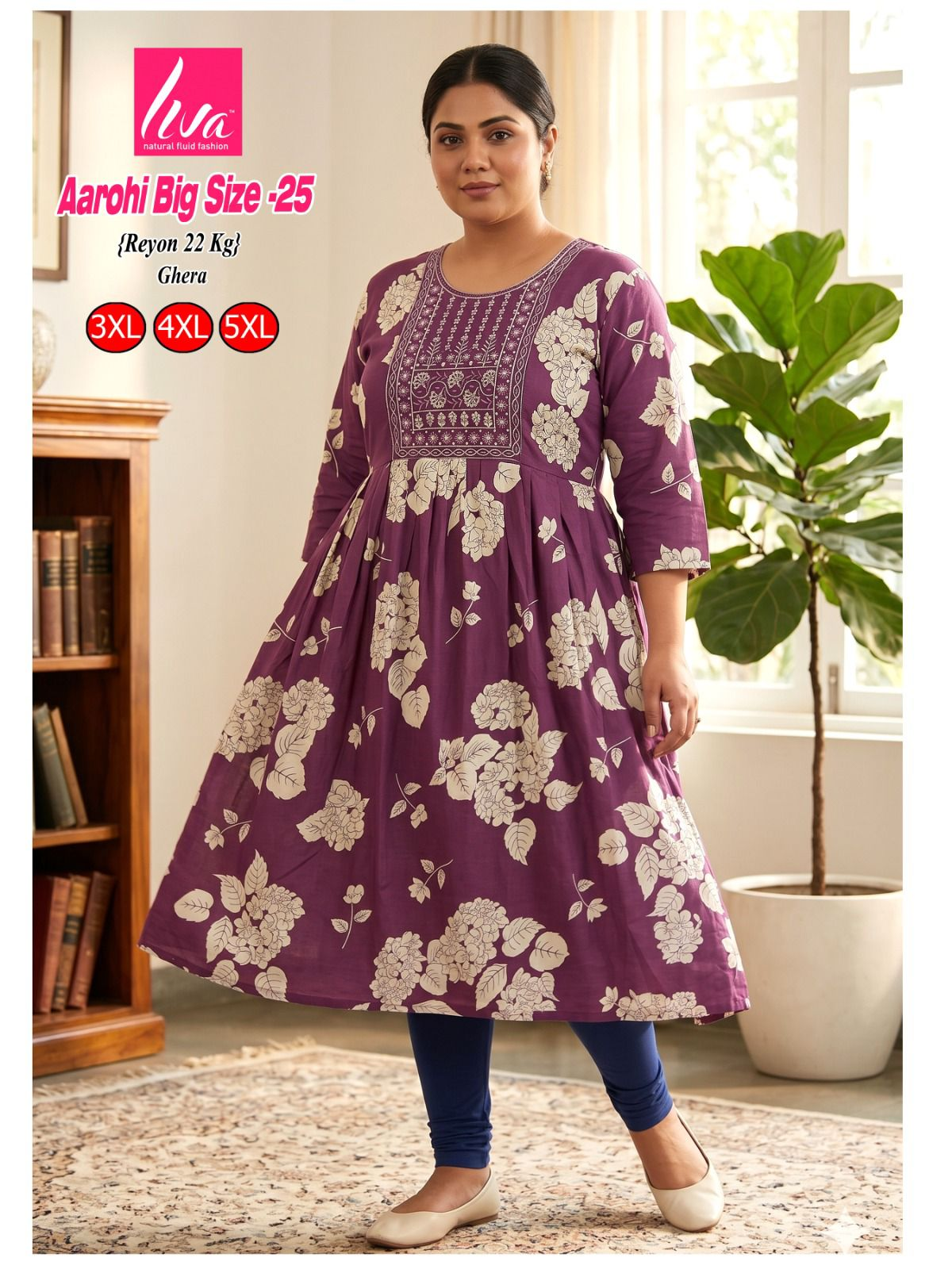 Liva Ghera Big Size Kurti - Lila met Witte Hortensia Print | Plus Size