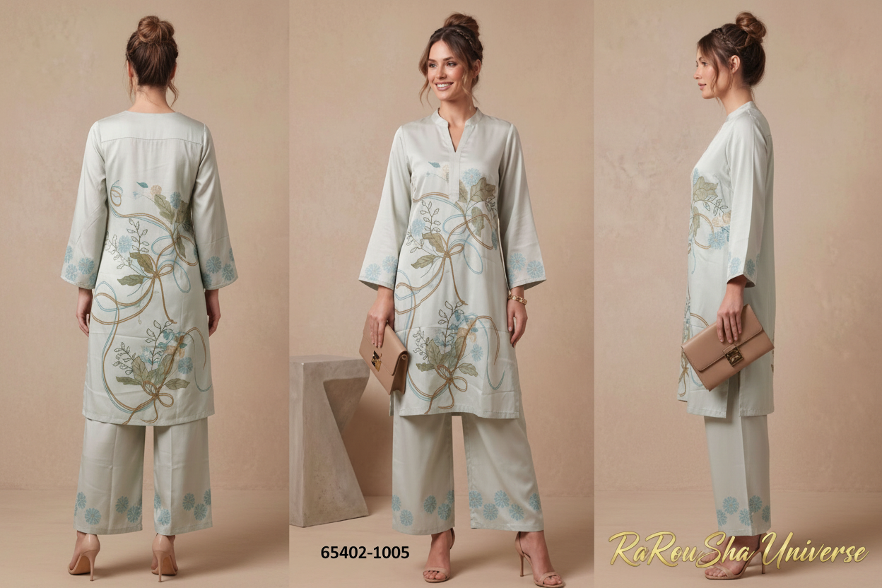 Salwar Kameez Co-ord Set – Lichtgrijs Botanische Print – Alle poses