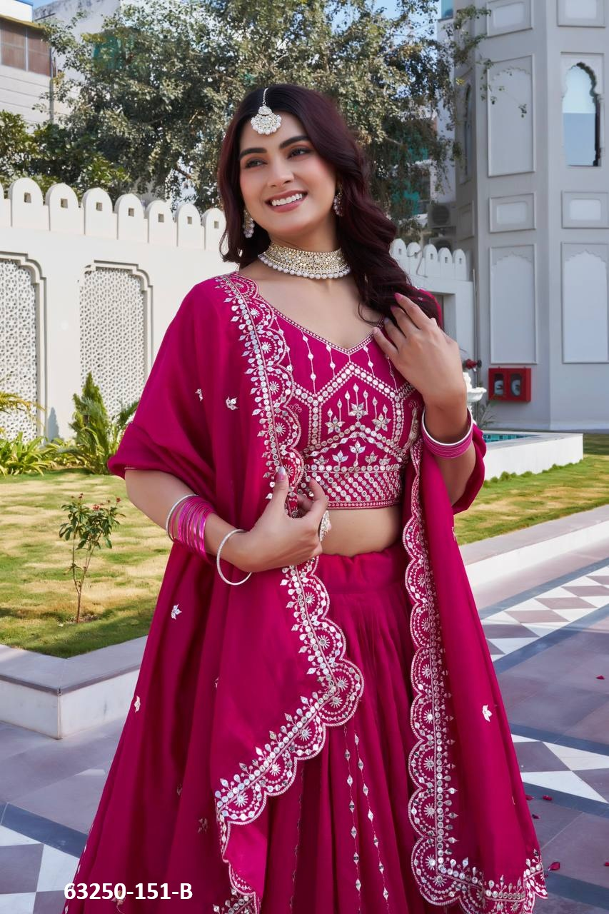 Magenta Vichitra Silk Embroidery Lehenga Set