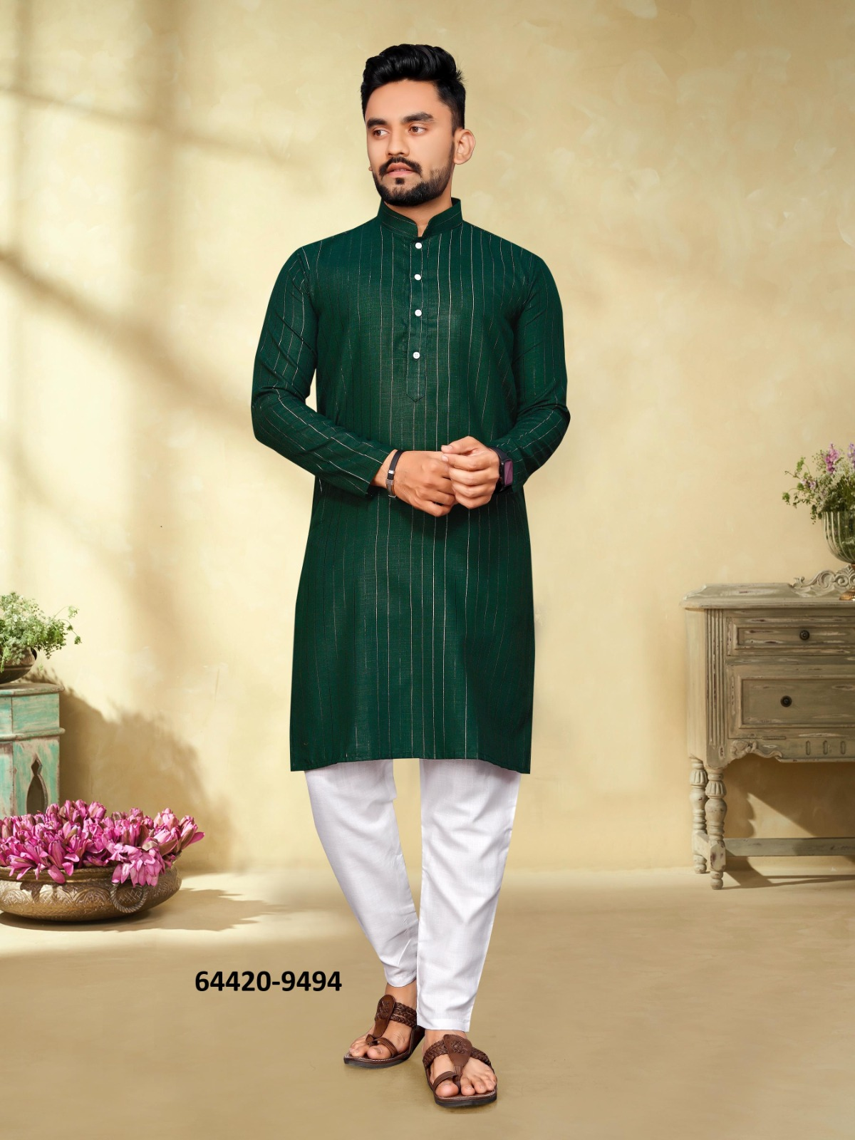 Heren Kurta Pajama - Donkergroen Pure Slub Cotton (9494)