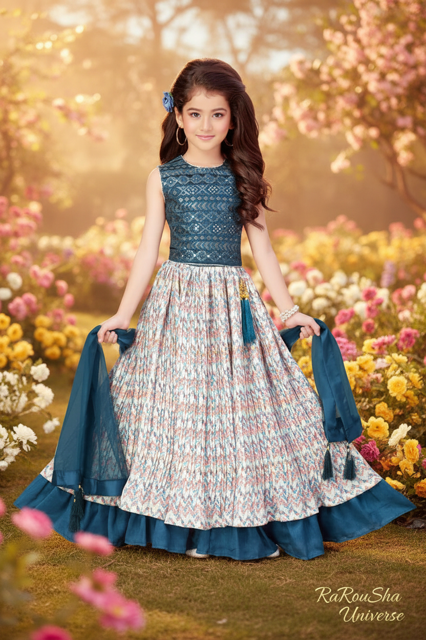 Little Lady Petrol Creme Lehenga - tuin frontale pose