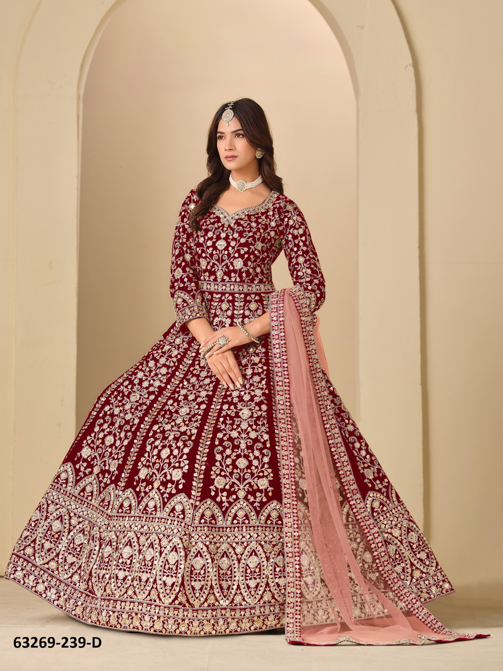 Maroon Velvet Anarkali Floor-Length Suit
