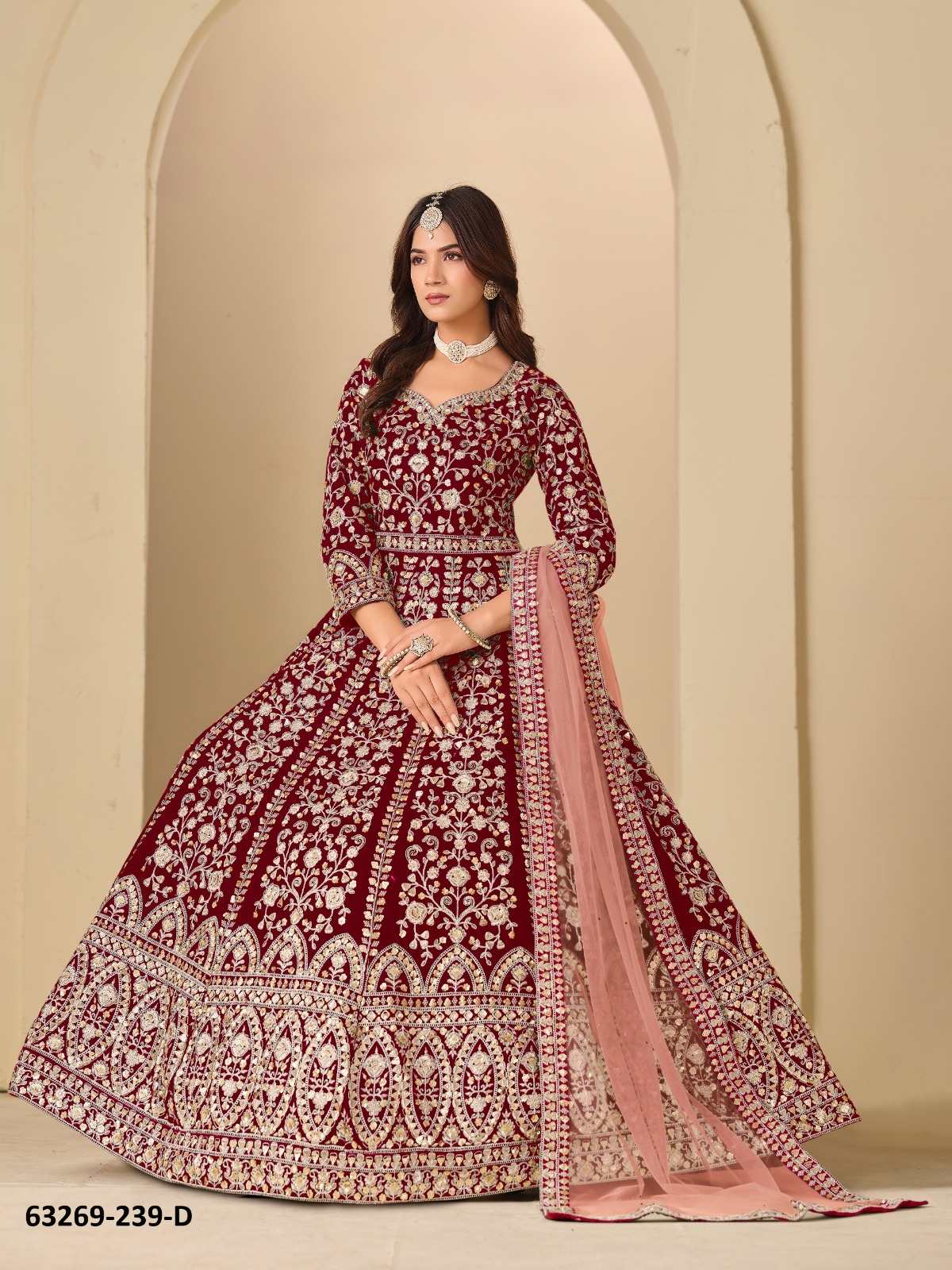 Maroon Velvet Anarkali Floor-Length Suit