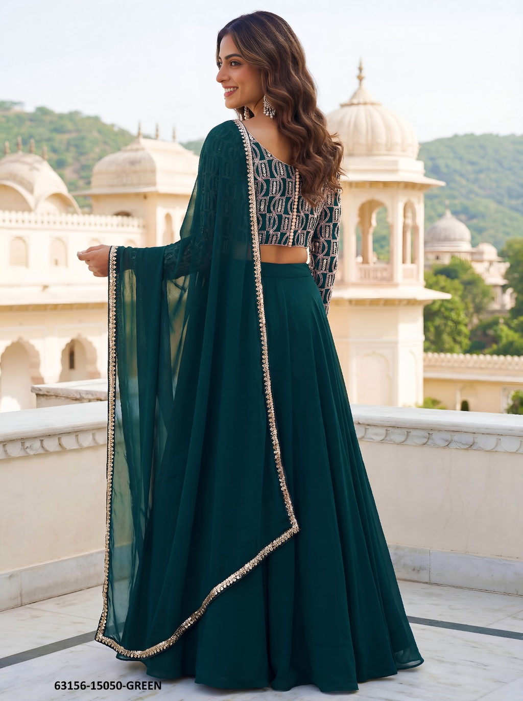 Emerald Green Georgette Embroidery Lehenga Set