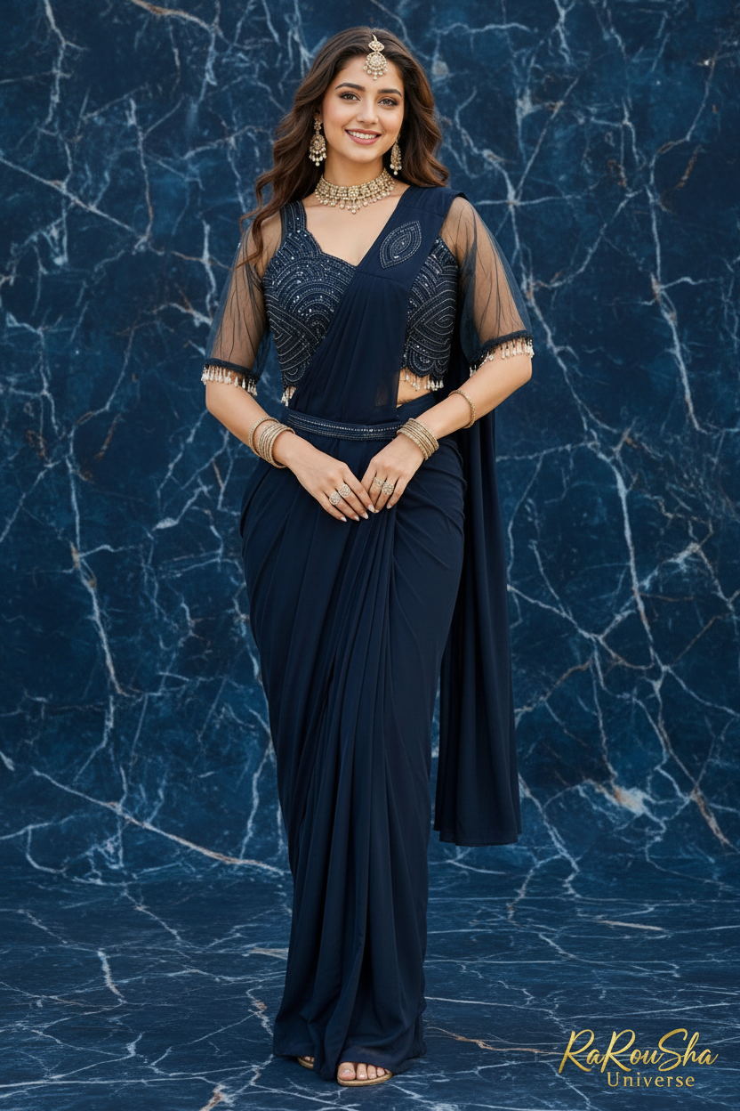 Pankhudi Navy Blue Saree marmeren achtergrond full