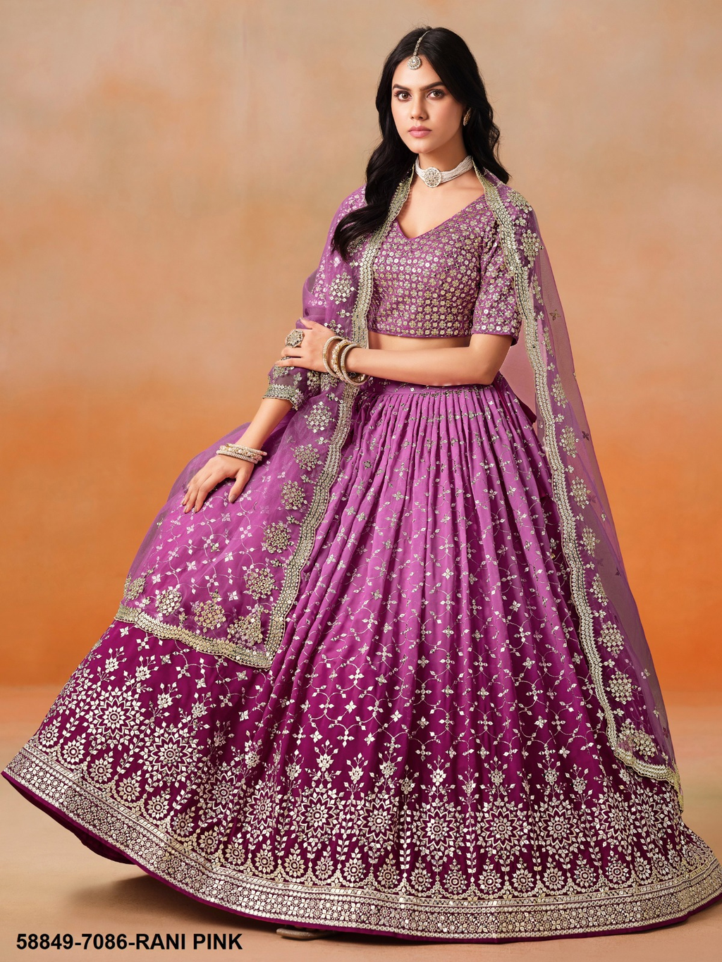 Rani Pink Georgette Sequins Lehenga – 58849-7086-Rani Pink