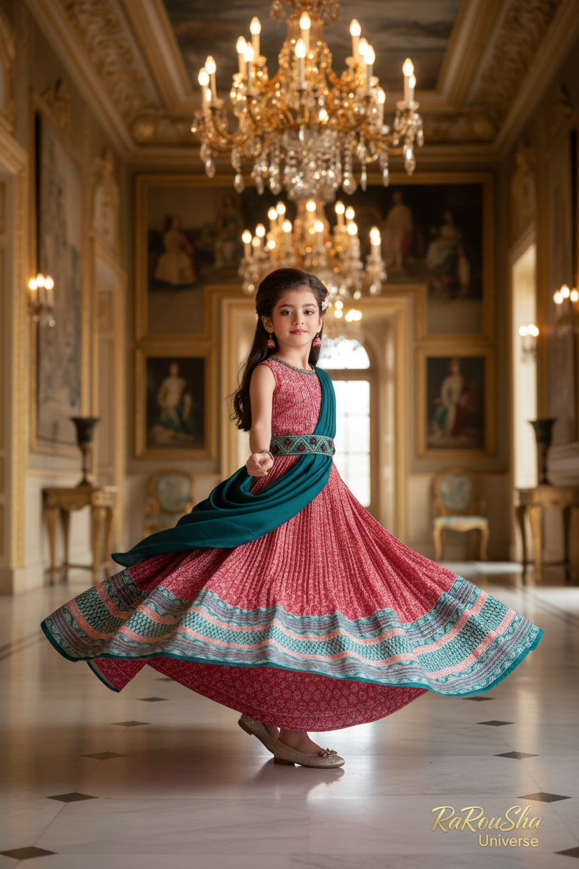 Little Lady Roze Bandhani Jurk - paleis twirl pose